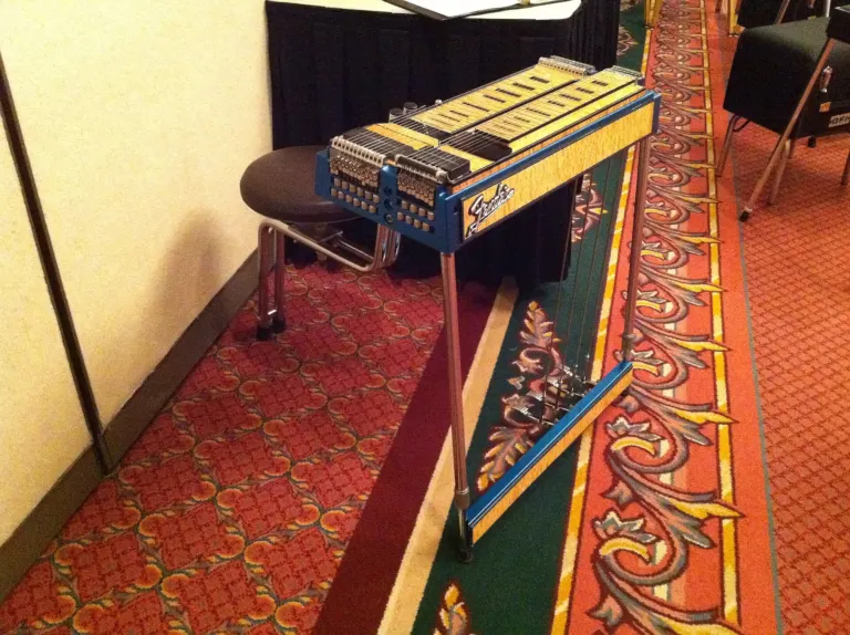 A pedal steel guitar on display at a steel guitar jamboree